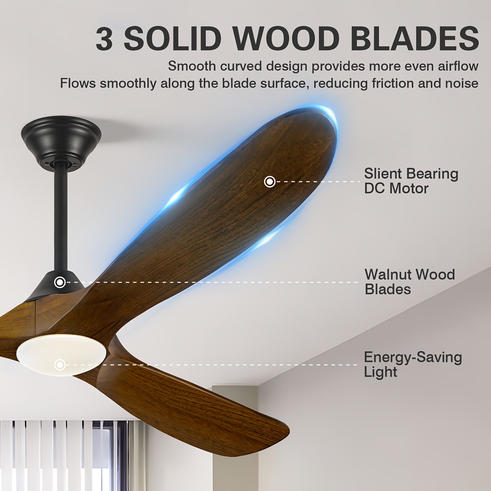 Smart Modern Farmhouse Ceiling Fan With Light And Remote, 52\u002F60\u002F70 Inch Large Airflow, 3 Solid Wood Blades, Quiet 6 Speeds DC Motor, Indoor Outdoor Ceiling Fans For Patio, Porch, Garage, Living Room, Bedroom, Office