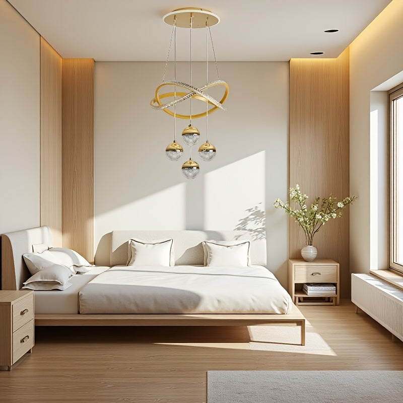 Modern LED Pendant Light with 4 Spherical Shades and Circular Light Ring, Featuring Adjustable Three Light Colors, Adjustable Height, and Illuminated Base; Suitable for Living Room, Dining Room, Bedroom, Etc.; Spherical Light Fixture, High-Quality
