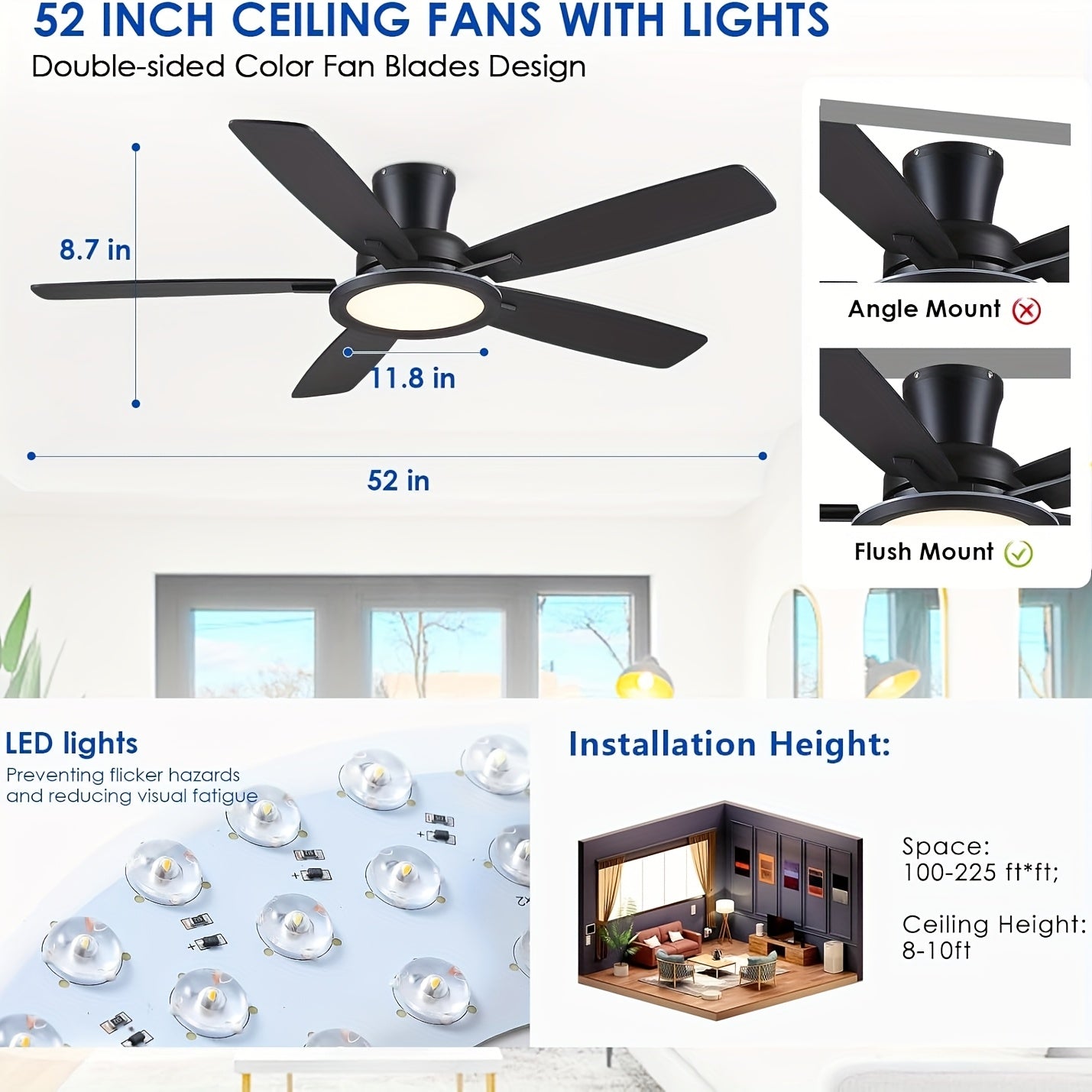 This 52-Inch Black Ceiling Fan with RGB Lighting Features a Reversible Silent Motor, Adjustable LED Lights, And a Low-Key, Modern Design, Suitable for Both Indoor And Outdoor Use