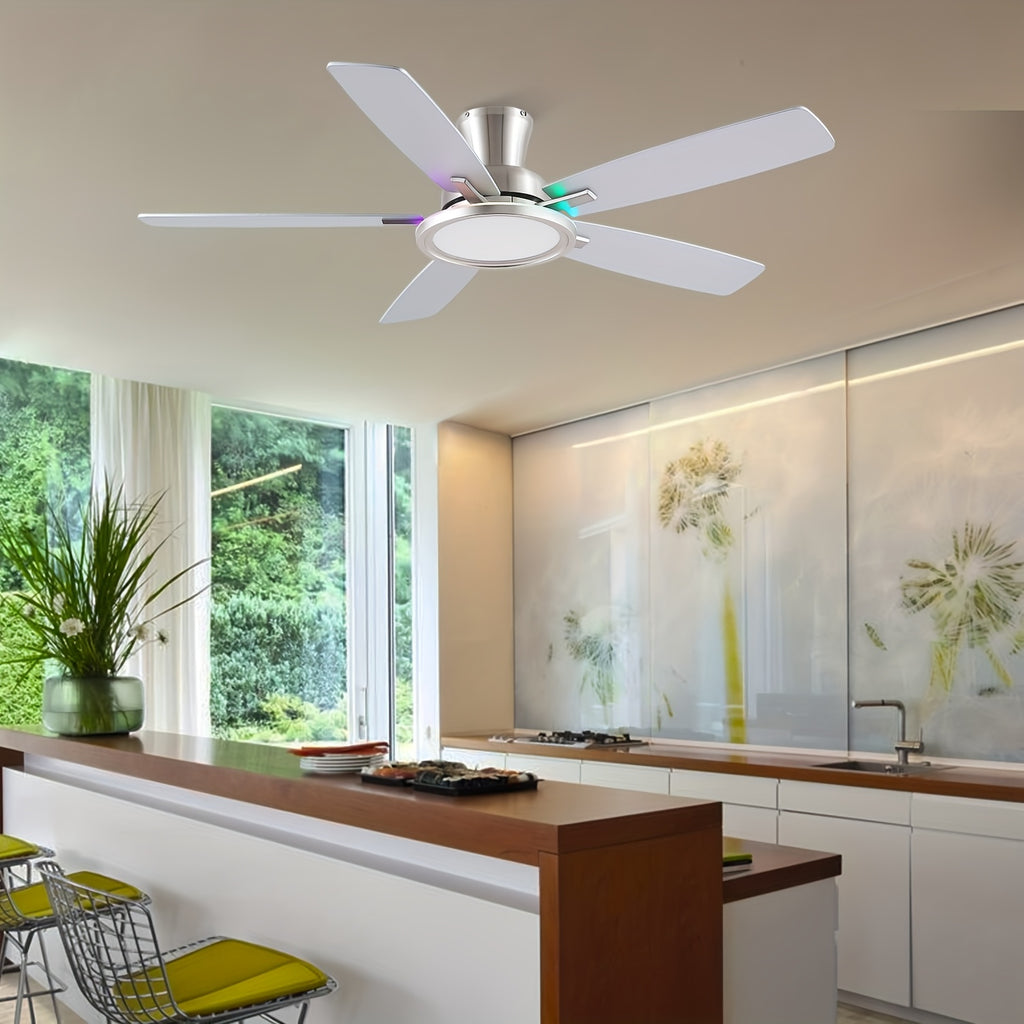 This 52-Inch Black Ceiling Fan with RGB Lighting Features a Reversible Silent Motor, Adjustable LED Lights, And a Low-Key, Modern Design, Suitable for Both Indoor And Outdoor Use