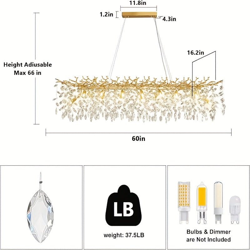 70 Inch Crystal Chandelier, 47\u002F60\u002F70 Inch Silvery Golden Branch Chandelier, Rectangular Raindrop Chandelier, Suitable for Restaurant, Living Room, Kitchen Island, Bedroom, Lobby, 14\u002F16\u002F20 Luxury Chandelier Lights Home Decor