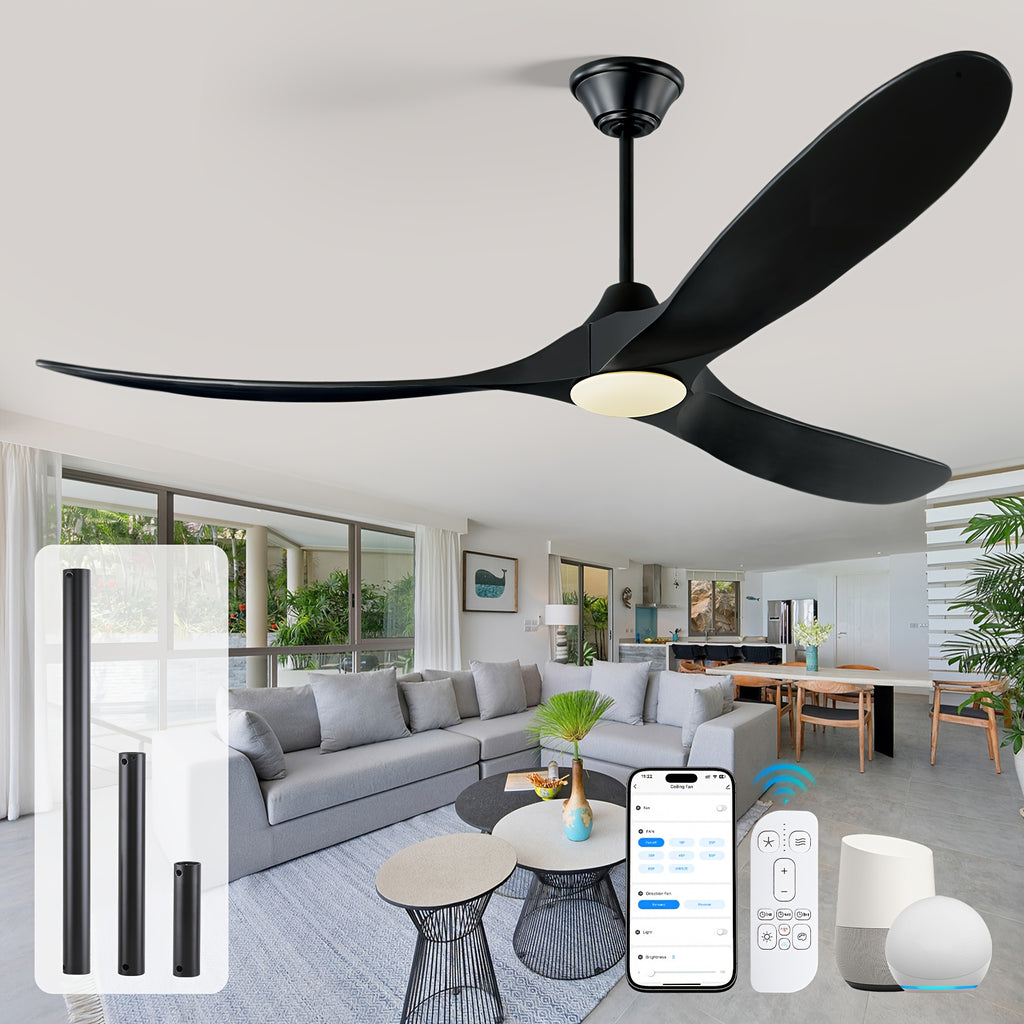 Smart Modern Farmhouse Ceiling Fan With Light And Remote, 52\u002F60\u002F70 Inch Large Airflow, 3 Solid Wood Blades, Quiet 6 Speeds DC Motor, Indoor Outdoor Ceiling Fans For Patio, Porch, Garage, Living Room, Bedroom, Office