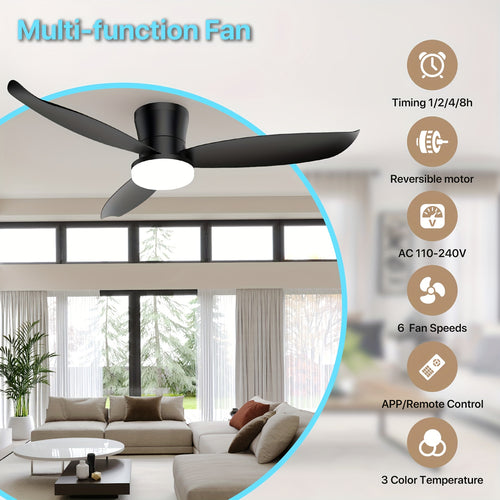 42 Inch Ceiling Fans with Lights, Low Profile Ceiling Fan with Light And Remote, Flush Mount, Dimmable LED, Reversible DC Motor - Modern Black for Bedroom, Indoor\u002FOutdoor Use