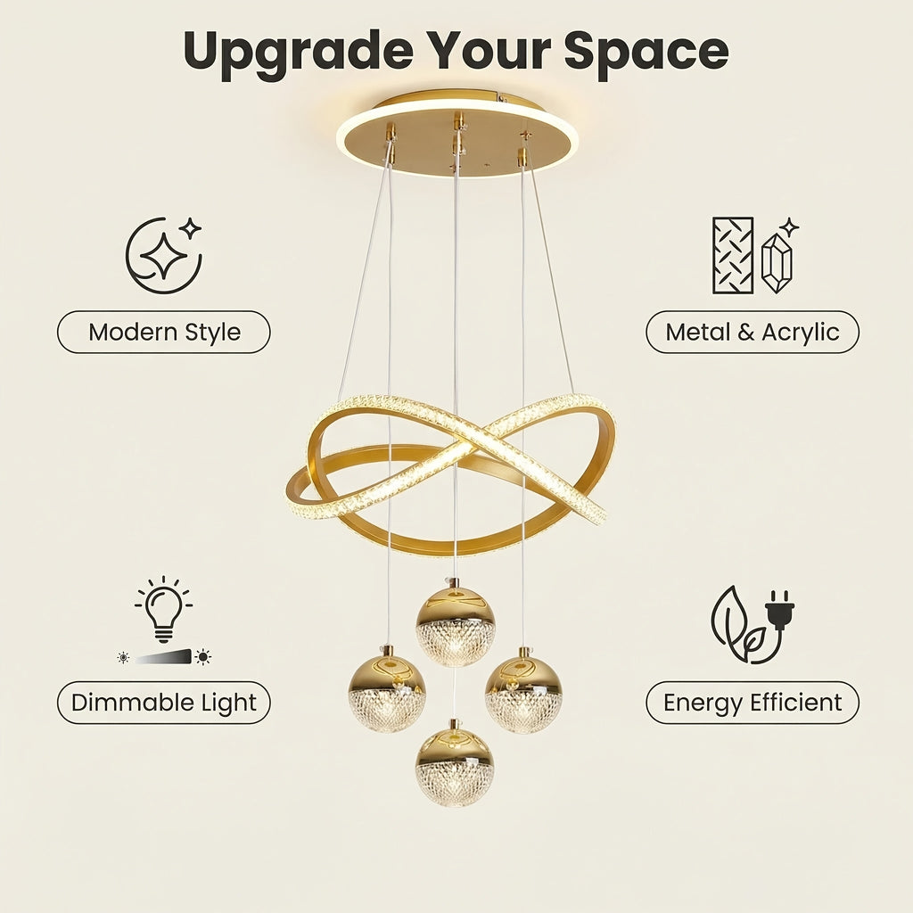 Modern LED Pendant Light with 4 Spherical Shades and Circular Light Ring, Featuring Adjustable Three Light Colors, Adjustable Height, and Illuminated Base; Suitable for Living Room, Dining Room, Bedroom, Etc.; Spherical Light Fixture, High-Quality