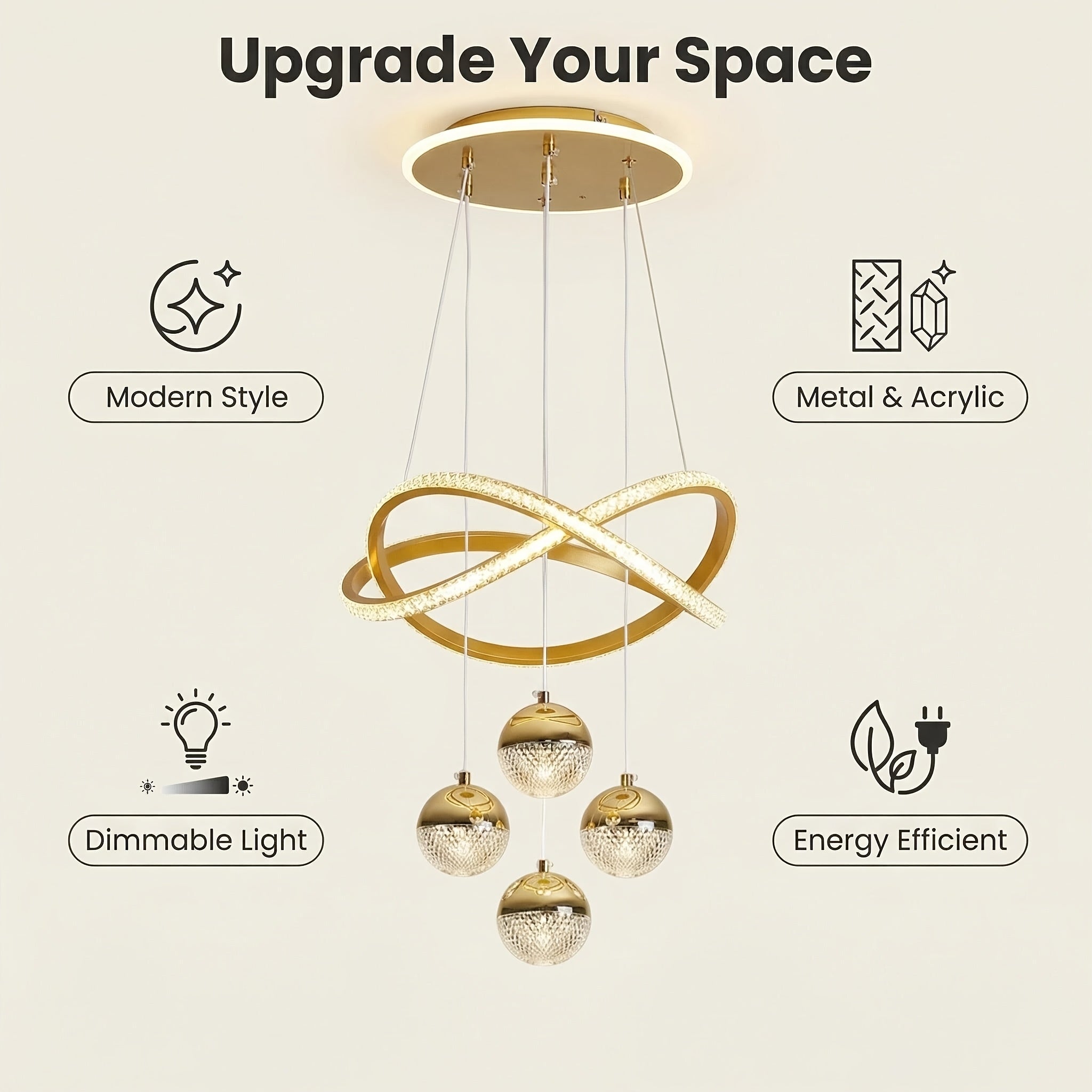 Modern LED Pendant Light with 4 Spherical Shades and Circular Light Ring, Featuring Adjustable Three Light Colors, Adjustable Height, and Illuminated Base; Suitable for Living Room, Dining Room, Bedroom, Etc.; Spherical Light Fixture, High-Quality