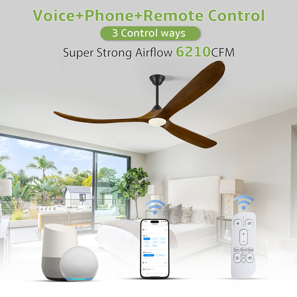 Smart Modern Farmhouse Ceiling Fan With Light And Remote, 52\u002F60\u002F70 Inch Large Airflow, 3 Solid Wood Blades, Quiet 6 Speeds DC Motor, Indoor Outdoor Ceiling Fans For Patio, Porch, Garage, Living Room, Bedroom, Office
