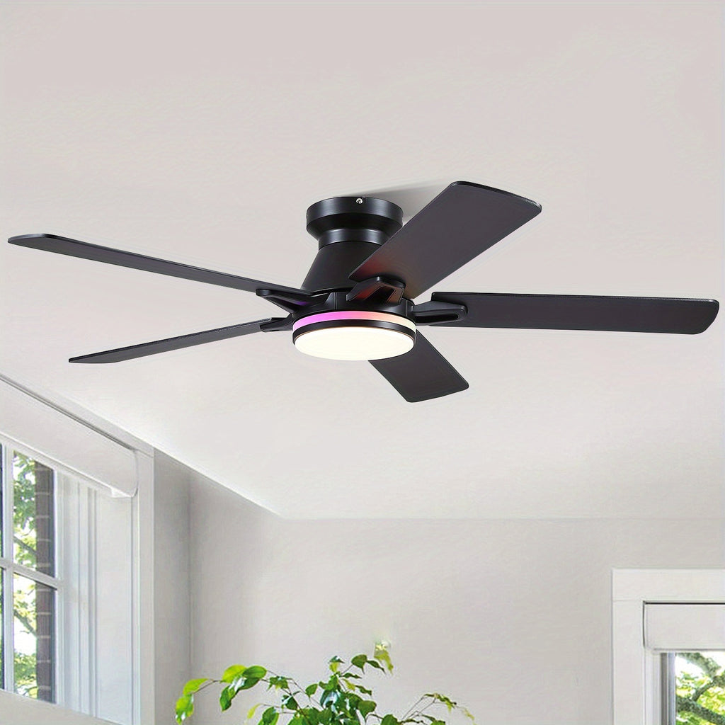 Illuminated Ceiling Fan, 52-Inch Slim Design Lighted Ceiling Fan, Flush-Mounted, Reversible, Adjustable Brightness, Quiet Operation, Black\u002FWhite Ceiling Fan Suitable for Bedroom, Indoor\u002FOutdoor Use