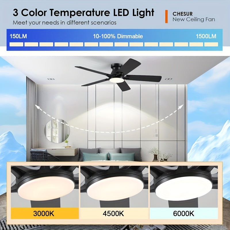 Illuminated Ceiling Fan, 52-Inch Slim Design Lighted Ceiling Fan, Flush-Mounted, Reversible, Adjustable Brightness, Quiet Operation, Black\u002FWhite Ceiling Fan Suitable for Bedroom, Indoor\u002FOutdoor Use