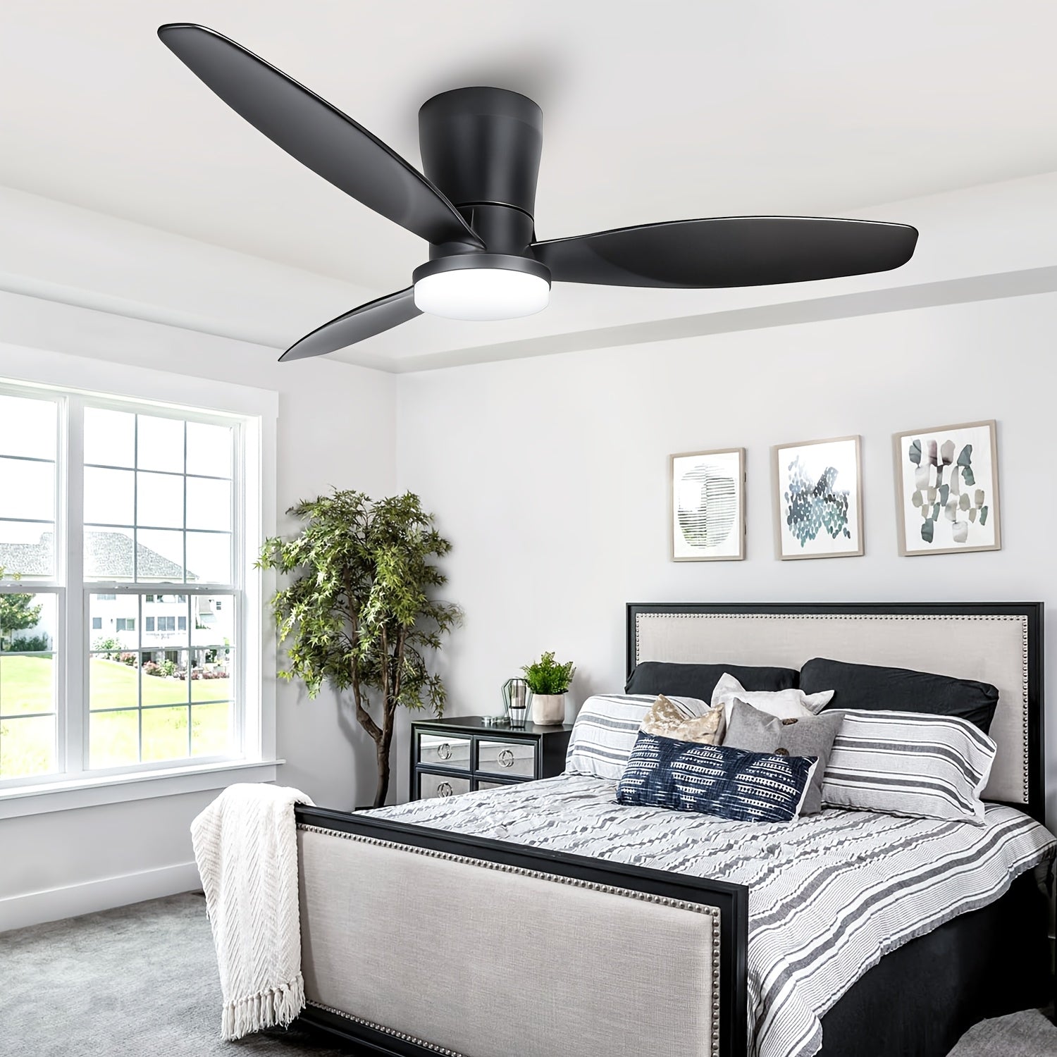 42 Inch Ceiling Fans with Lights, Low Profile Ceiling Fan with Light And Remote, Flush Mount, Dimmable LED, Reversible DC Motor - Modern Black for Bedroom, Indoor\u002FOutdoor Use