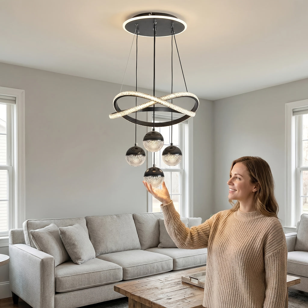 Modern LED Pendant Light with 4 Spherical Shades and Circular Light Ring, Featuring Adjustable Three Light Colors, Adjustable Height, and Illuminated Base; Suitable for Living Room, Dining Room, Bedroom, Etc.; Spherical Light Fixture, High-Quality