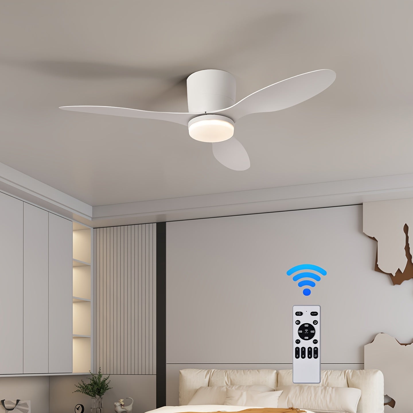 42 Inch Modern LED Ceiling Fan Light, 3 Fish Tail Shaped Fan Blades, With Remote Control, 3 Color Temperatures And 6 Adjustable Wind Speeds, Timing Function, Suitable For Indoor Use, Suitable For Living Rooms, Bedrooms, Dining Rooms, Study Rooms