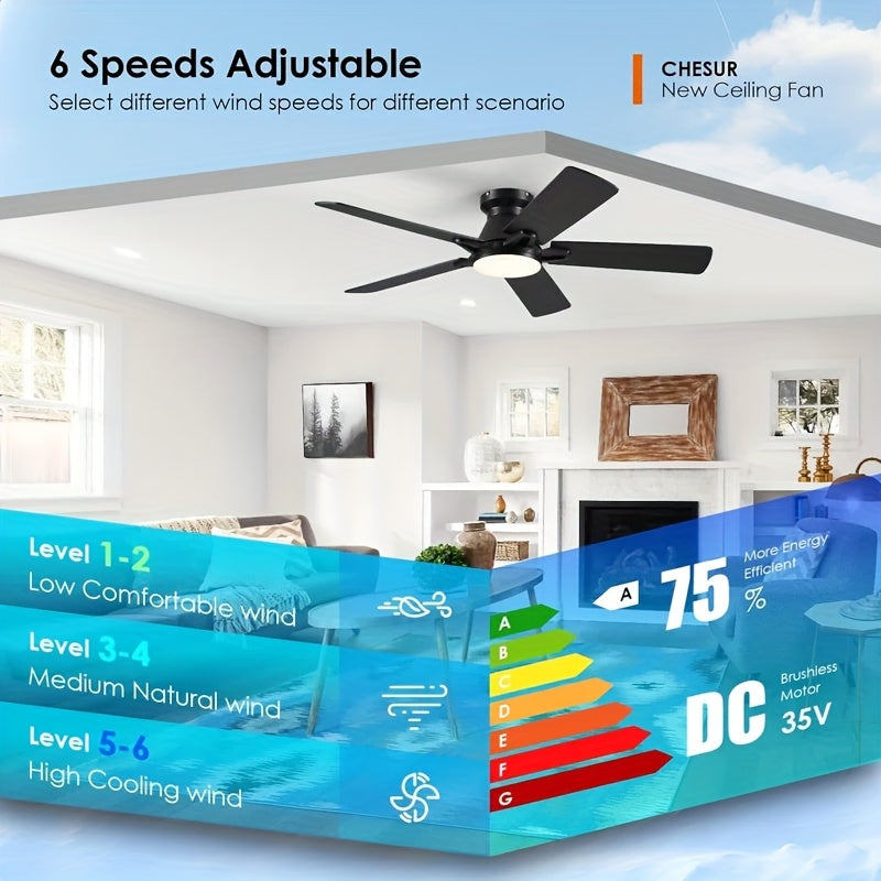 Illuminated Ceiling Fan, 52-Inch Slim Design Lighted Ceiling Fan, Flush-Mounted, Reversible, Adjustable Brightness, Quiet Operation, Black\u002FWhite Ceiling Fan Suitable for Bedroom, Indoor\u002FOutdoor Use