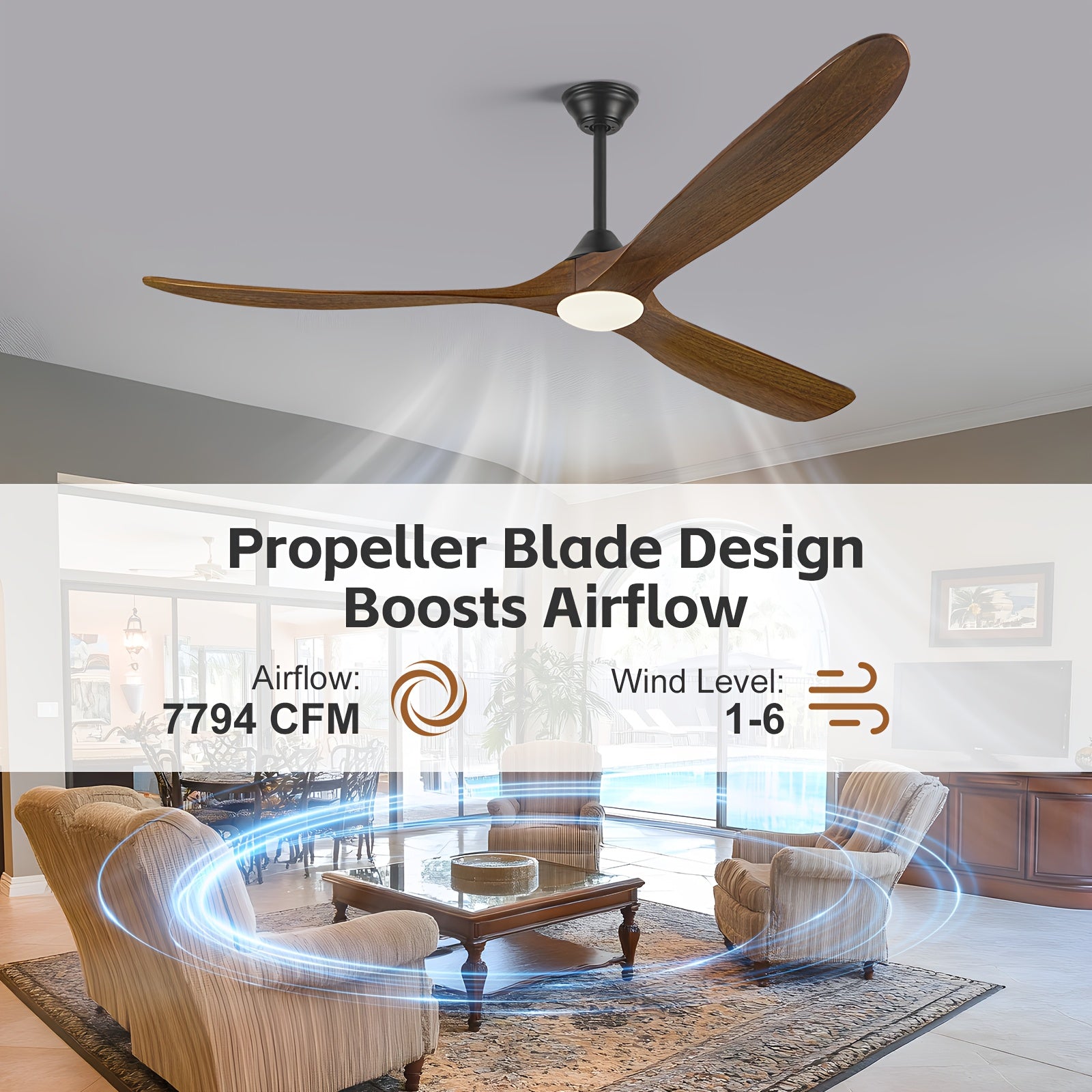 Smart Modern Farmhouse Ceiling Fan With Light And Remote, 52\u002F60\u002F70 Inch Large Airflow, 3 Solid Wood Blades, Quiet 6 Speeds DC Motor, Indoor Outdoor Ceiling Fans For Patio, Porch, Garage, Living Room, Bedroom, Office