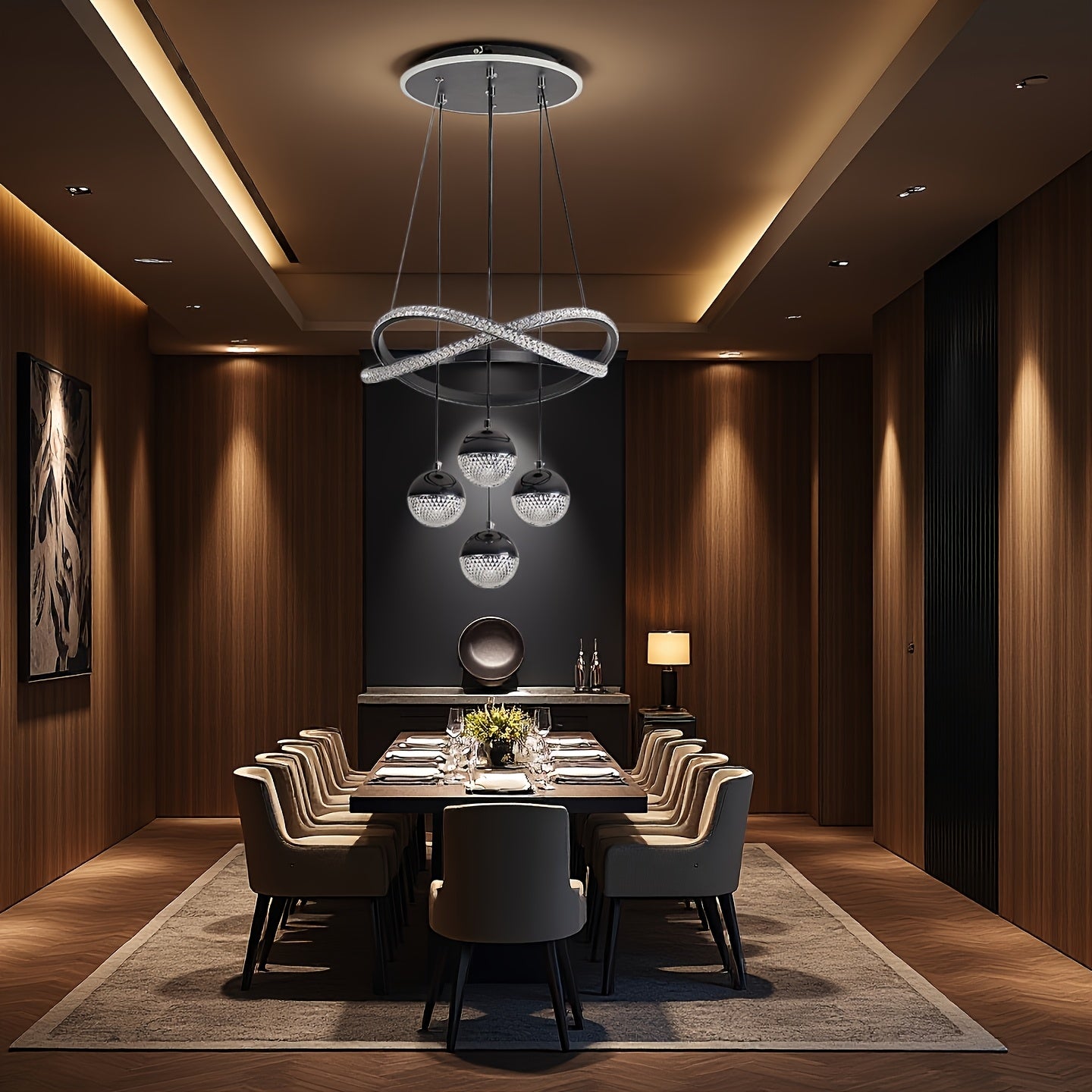 Modern LED Pendant Light with 4 Spherical Shades and Circular Light Ring, Featuring Adjustable Three Light Colors, Adjustable Height, and Illuminated Base; Suitable for Living Room, Dining Room, Bedroom, Etc.; Spherical Light Fixture, High-Quality