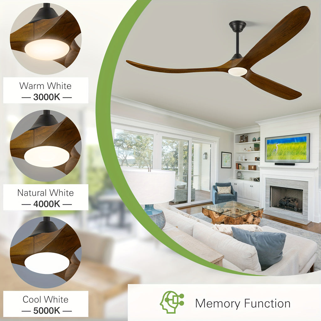 Smart Modern Farmhouse Ceiling Fan With Light And Remote, 52\u002F60\u002F70 Inch Large Airflow, 3 Solid Wood Blades, Quiet 6 Speeds DC Motor, Indoor Outdoor Ceiling Fans For Patio, Porch, Garage, Living Room, Bedroom, Office