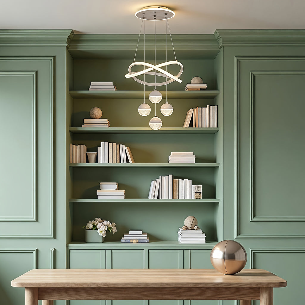 Modern LED Pendant Light with 4 Spherical Shades and Circular Light Ring, Featuring Adjustable Three Light Colors, Adjustable Height, and Illuminated Base; Suitable for Living Room, Dining Room, Bedroom, Etc.; Spherical Light Fixture, High-Quality