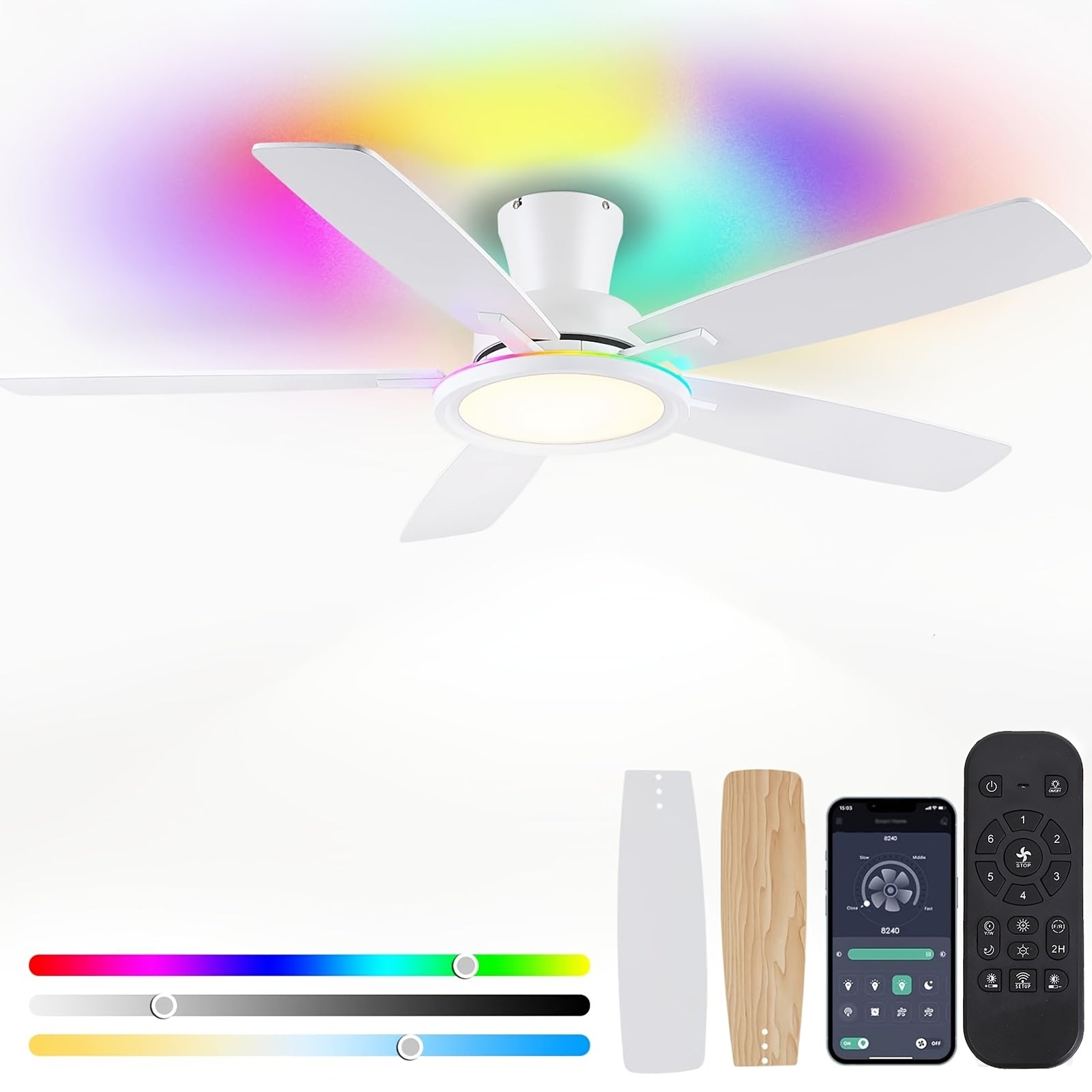 This 52-Inch Black Ceiling Fan with RGB Lighting Features a Reversible Silent Motor, Adjustable LED Lights, And a Low-Key, Modern Design, Suitable for Both Indoor And Outdoor Use
