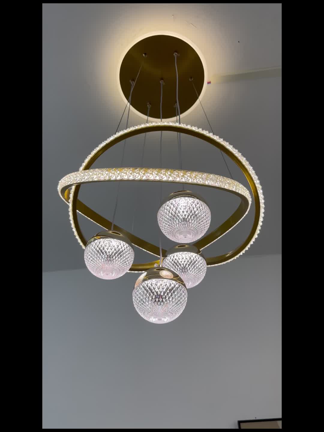 Modern LED Pendant Light with 4 Spherical Shades and Circular Light Ring, Featuring Adjustable Three Light Colors, Adjustable Height, and Illuminated Base; Suitable for Living Room, Dining Room, Bedroom, Etc.; Spherical Light Fixture, High-Quality