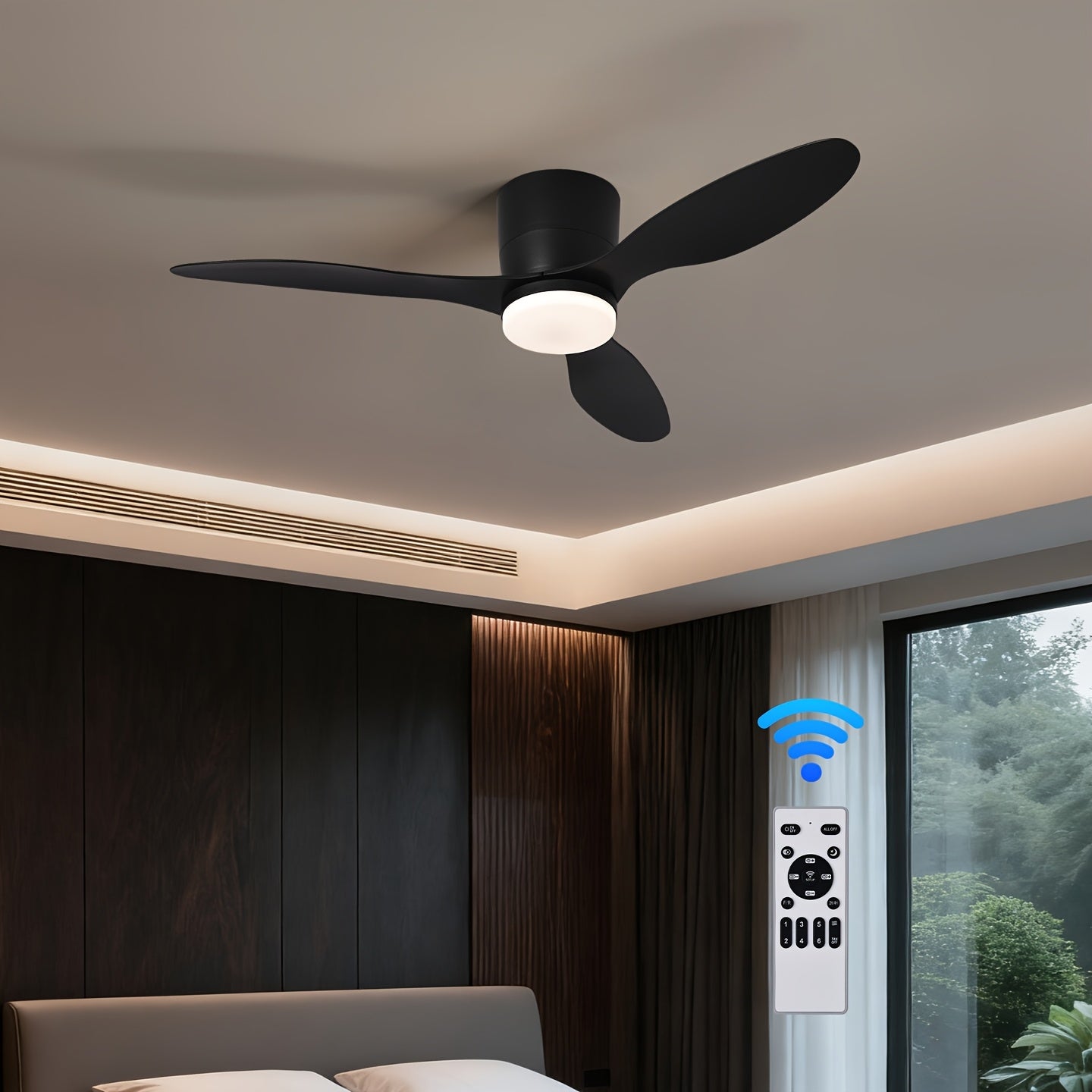 42 Inch Modern LED Ceiling Fan Light, 3 Fish Tail Shaped Fan Blades, With Remote Control, 3 Color Temperatures And 6 Adjustable Wind Speeds, Timing Function, Suitable For Indoor Use, Suitable For Living Rooms, Bedrooms, Dining Rooms, Study Rooms