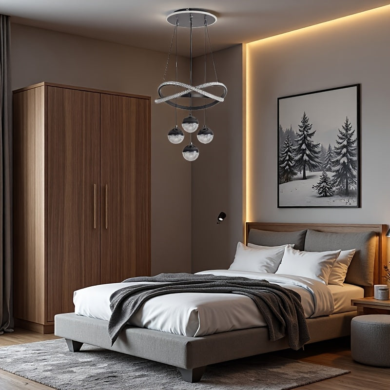 Modern LED Pendant Light with 4 Spherical Shades and Circular Light Ring, Featuring Adjustable Three Light Colors, Adjustable Height, and Illuminated Base; Suitable for Living Room, Dining Room, Bedroom, Etc.; Spherical Light Fixture, High-Quality