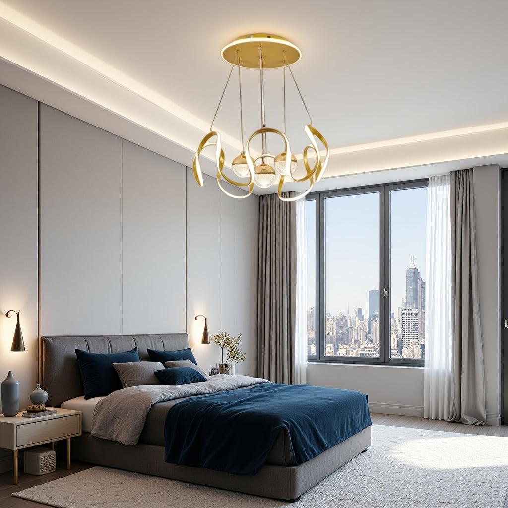 Wave-Shaped LED Pendant Light. Three Light Colors Are Adjustable, Height Is Adjustable. Suitable for Above The Dining Room, Bedroom, Study, And Living Room