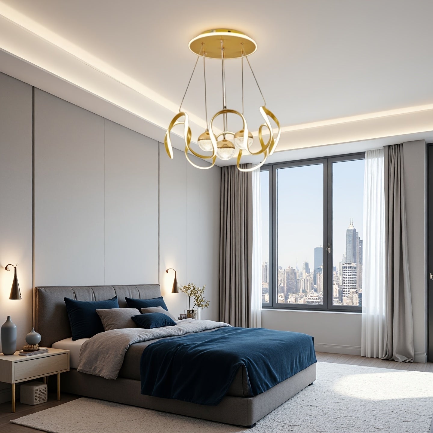 Wave-Shaped LED Pendant Light. Three Light Colors Are Adjustable, Height Is Adjustable. Suitable for Above The Dining Room, Bedroom, Study, And Living Room