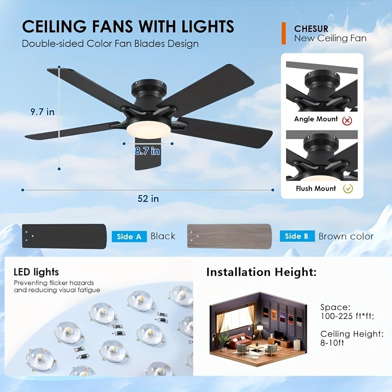 Illuminated Ceiling Fan, 52-Inch Slim Design Lighted Ceiling Fan, Flush-Mounted, Reversible, Adjustable Brightness, Quiet Operation, Black\u002FWhite Ceiling Fan Suitable for Bedroom, Indoor\u002FOutdoor Use