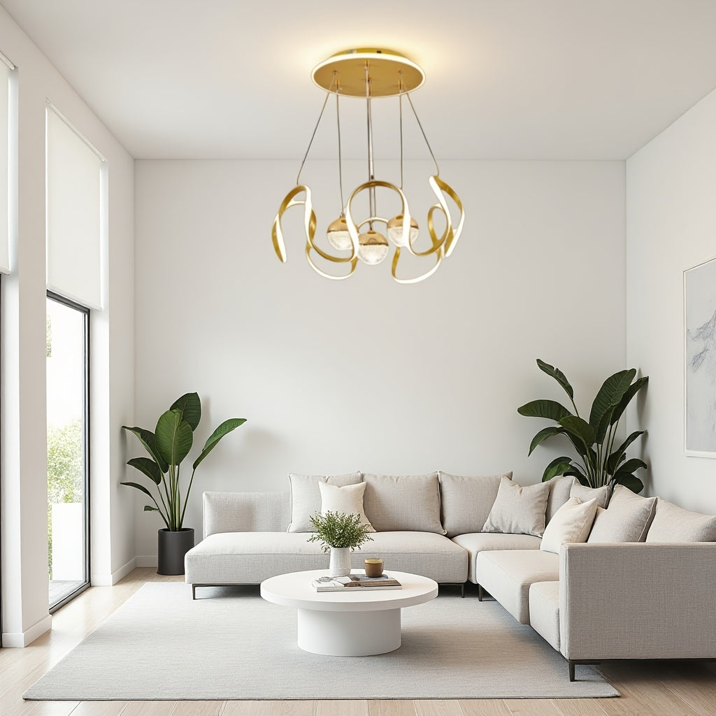 Wave-Shaped LED Pendant Light. Three Light Colors Are Adjustable, Height Is Adjustable. Suitable for Above The Dining Room, Bedroom, Study, And Living Room