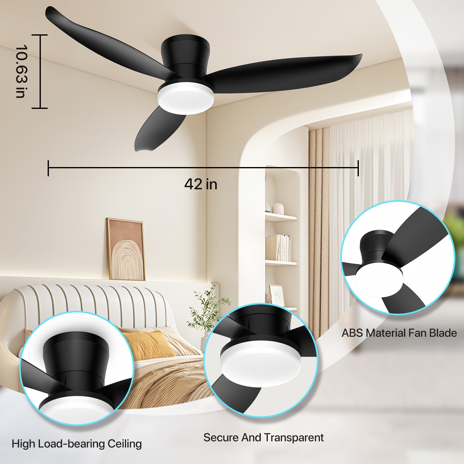 42 Inch Ceiling Fans with Lights, Low Profile Ceiling Fan with Light And Remote, Flush Mount, Dimmable LED, Reversible DC Motor - Modern Black for Bedroom, Indoor\u002FOutdoor Use