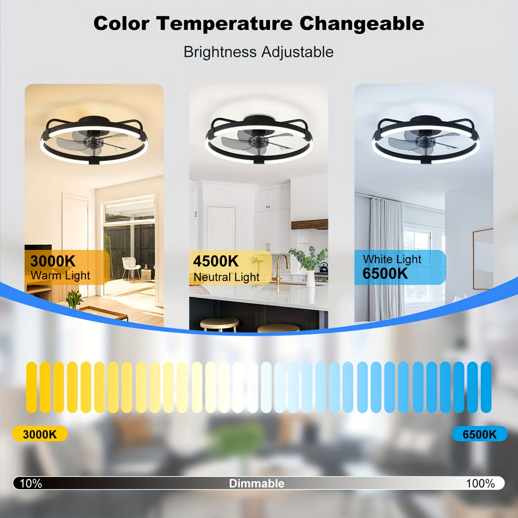 Modern Ceiling Fan with Light for Living Room, Dimmable LED Flush Mount Ceiling Fans Light, 6 Speeds Reversible Low Profle Ceiing Fans, Timing Quiet Ceiling Fans for Bedroom, Kitchen, Office