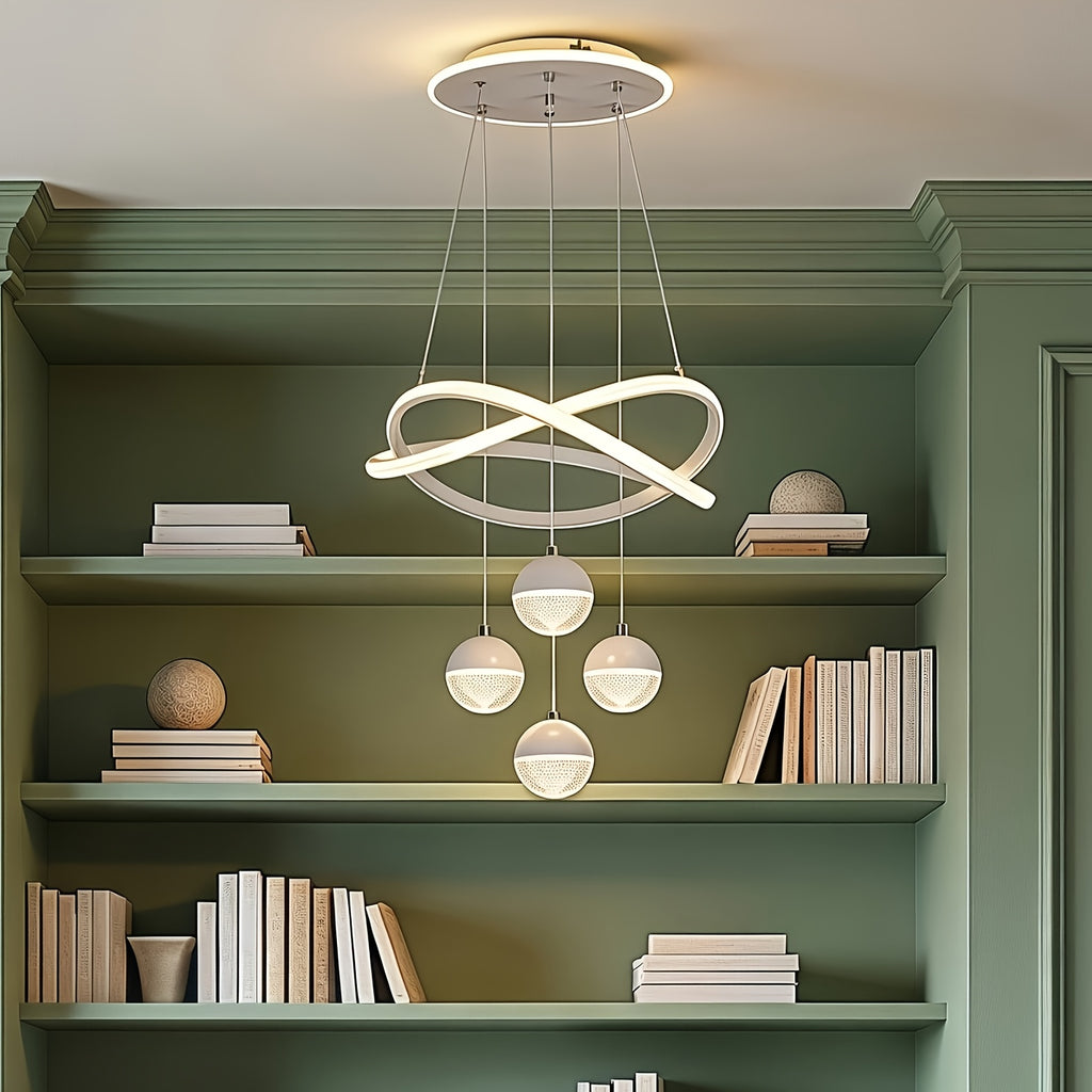 Modern LED Pendant Light with 4 Spherical Shades and Circular Light Ring, Featuring Adjustable Three Light Colors, Adjustable Height, and Illuminated Base; Suitable for Living Room, Dining Room, Bedroom, Etc.; Spherical Light Fixture, High-Quality
