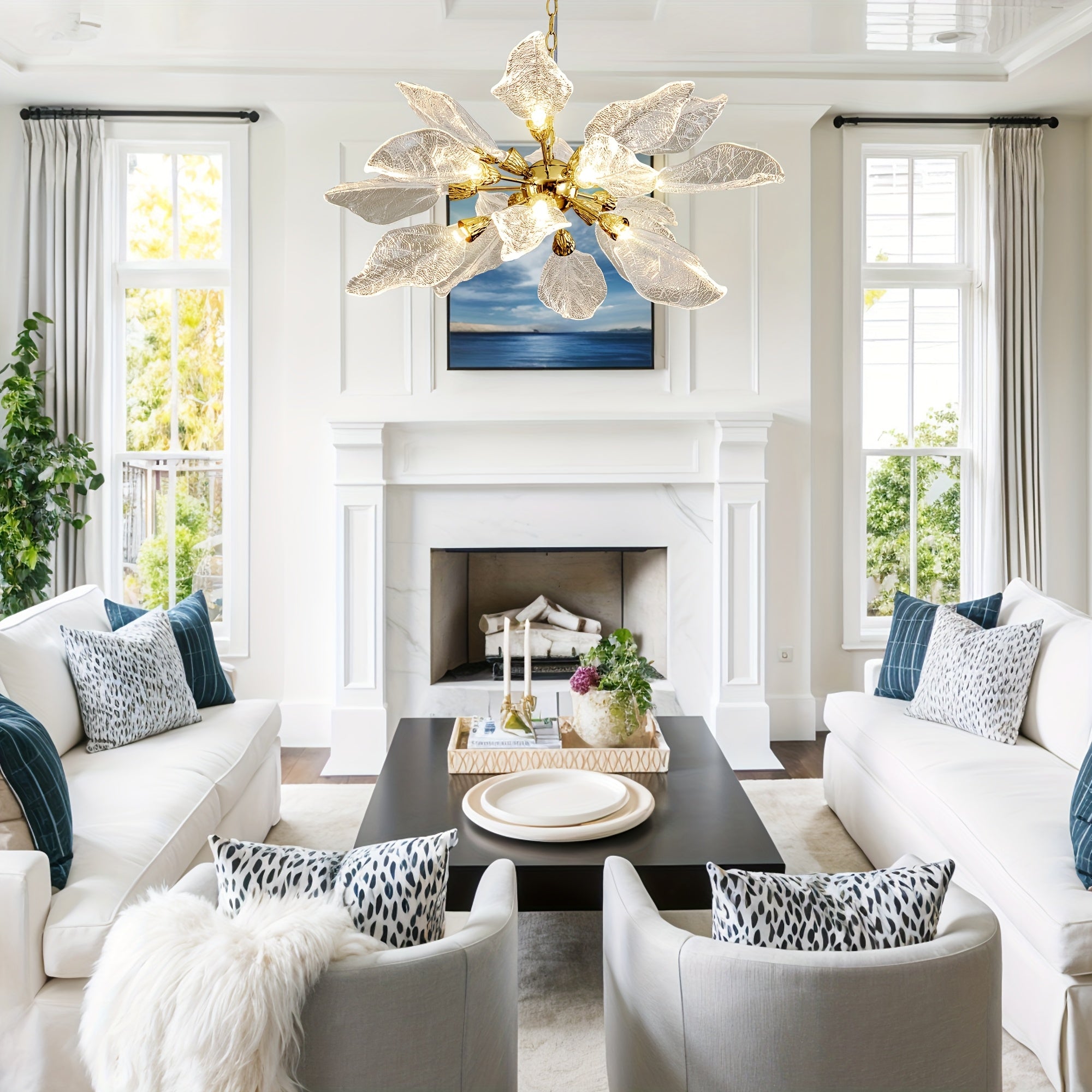 31in Platinum Leaf Pendant Light, Golden Silvery Pendant Light, Living Room Decoration, Bedroom Decoration, Kitchen Decoration, Central Island Pendant Light, Adjustable Pendant Light (Including Light Bulbs)