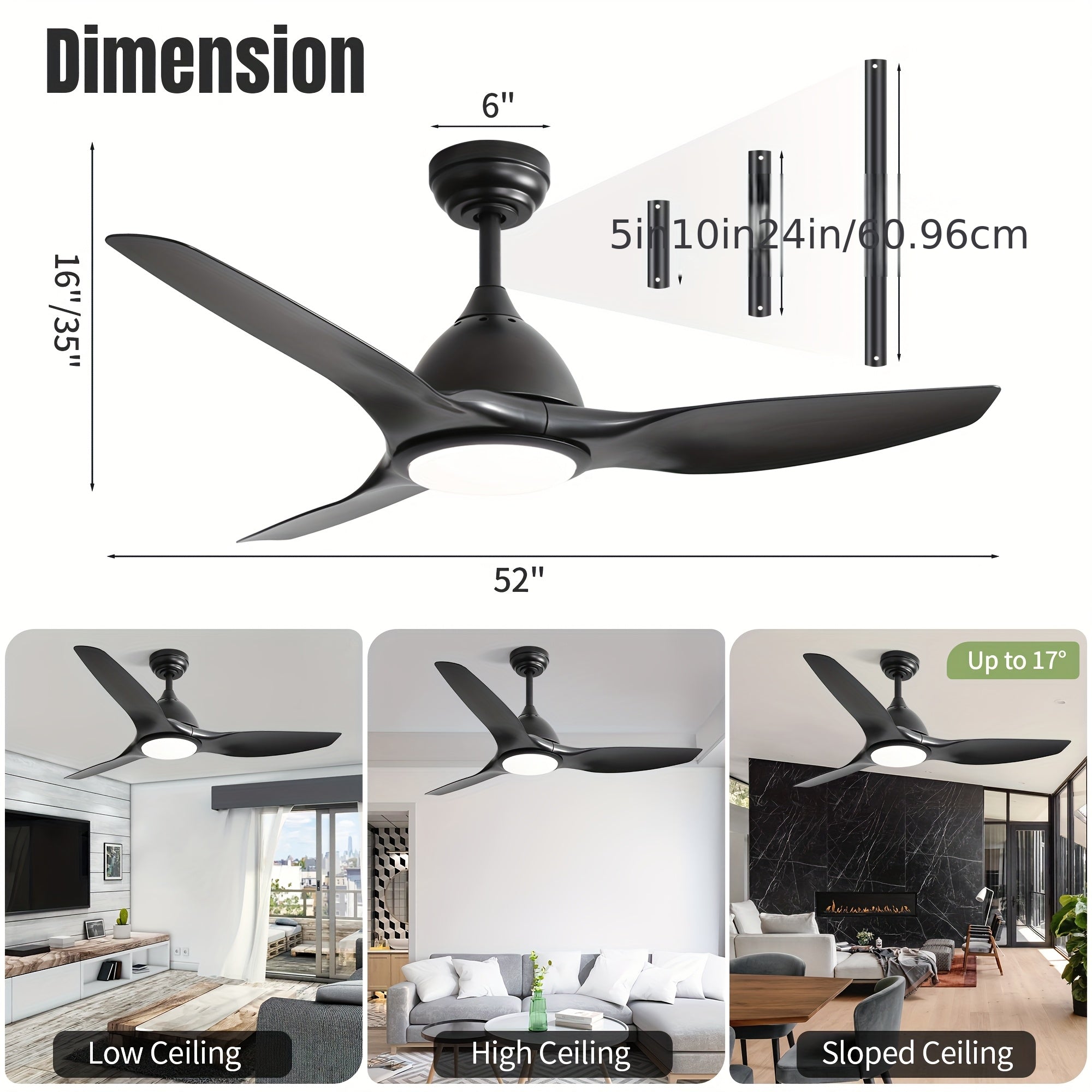 Sofucor 1 Unit 52-Inch Ceiling Fan Featuring a Light, Equipped with 3 ABS Blades, Available in 4 Colors, Utilizing a DC Motor for Energy Efficiency, Offering 6 Speeds And Three Timers Suitable for Living Rooms, Patios, And Dining Areas