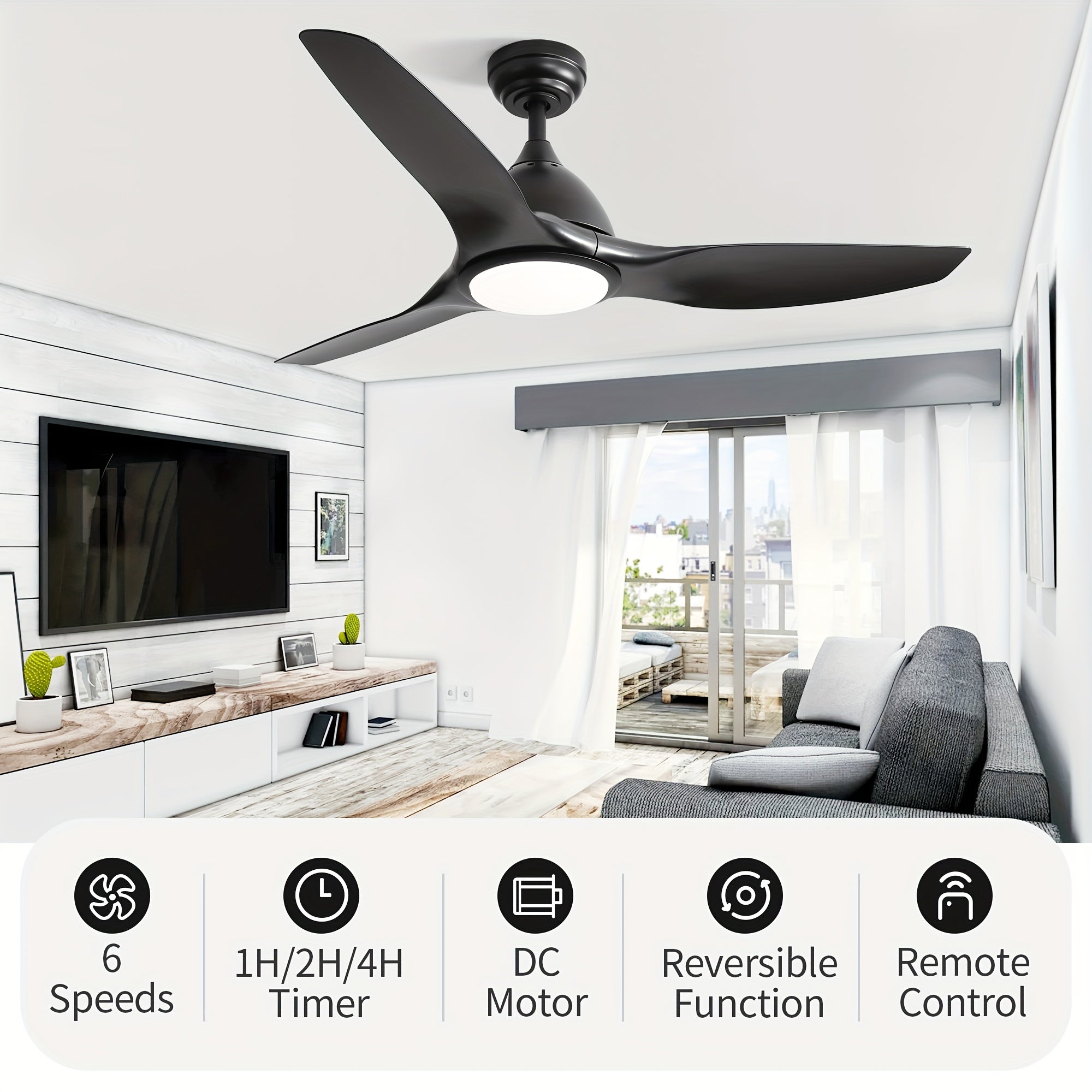 Sofucor 1 Unit 52-Inch Ceiling Fan Featuring a Light, Equipped with 3 ABS Blades, Available in 4 Colors, Utilizing a DC Motor for Energy Efficiency, Offering 6 Speeds And Three Timers Suitable for Living Rooms, Patios, And Dining Areas