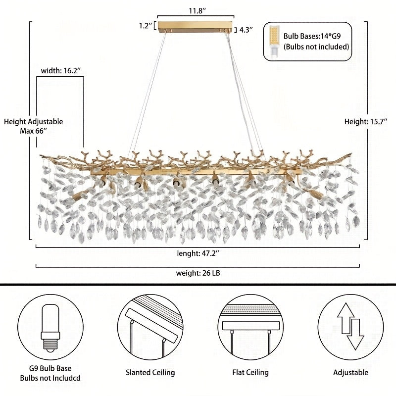 70 Inch Crystal Chandelier, 47\u002F60\u002F70 Inch Silvery Golden Branch Chandelier, Rectangular Raindrop Chandelier, Suitable for Restaurant, Living Room, Kitchen Island, Bedroom, Lobby, 14\u002F16\u002F20 Luxury Chandelier Lights Home Decor
