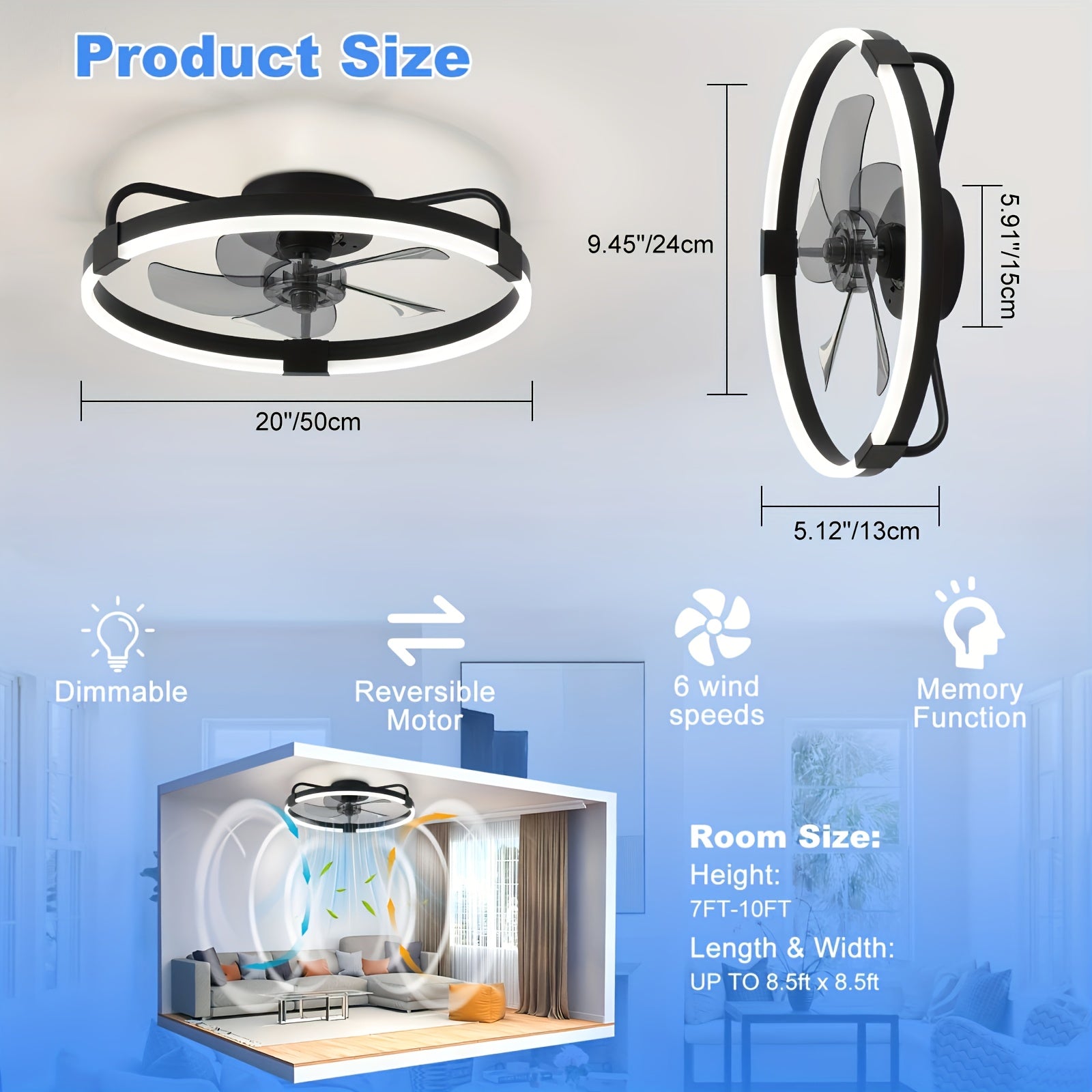 Modern Ceiling Fan with Light for Living Room, Dimmable LED Flush Mount Ceiling Fans Light, 6 Speeds Reversible Low Profle Ceiing Fans, Timing Quiet Ceiling Fans for Bedroom, Kitchen, Office