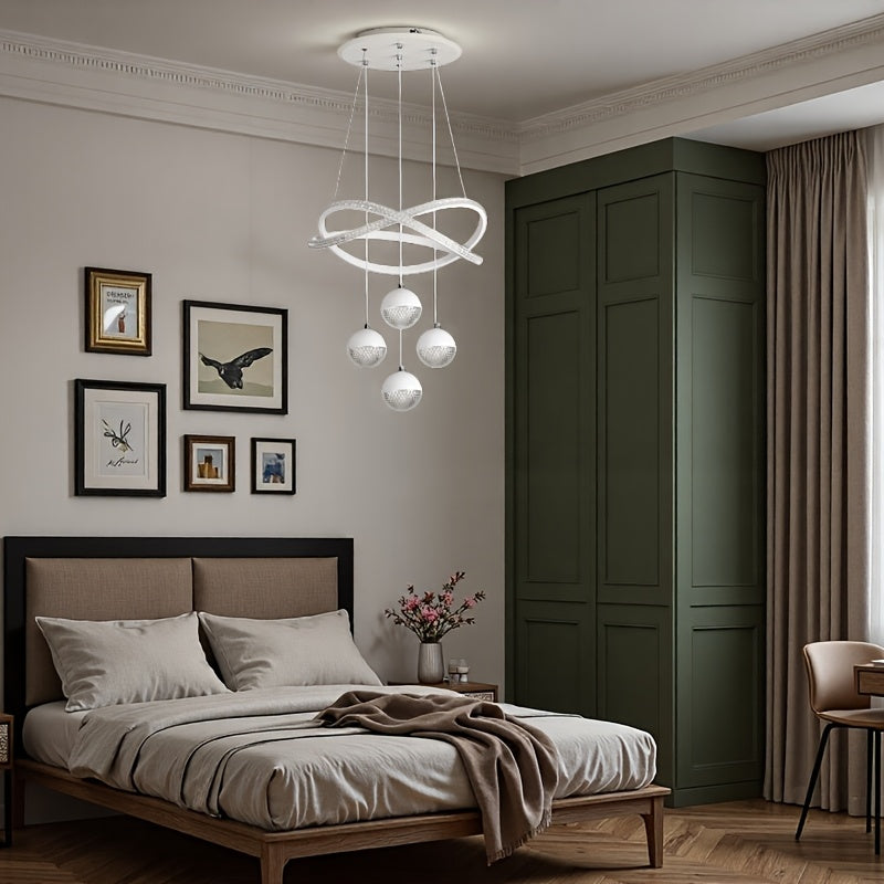 Modern LED Pendant Light with 4 Spherical Shades and Circular Light Ring, Featuring Adjustable Three Light Colors, Adjustable Height, and Illuminated Base; Suitable for Living Room, Dining Room, Bedroom, Etc.; Spherical Light Fixture, High-Quality