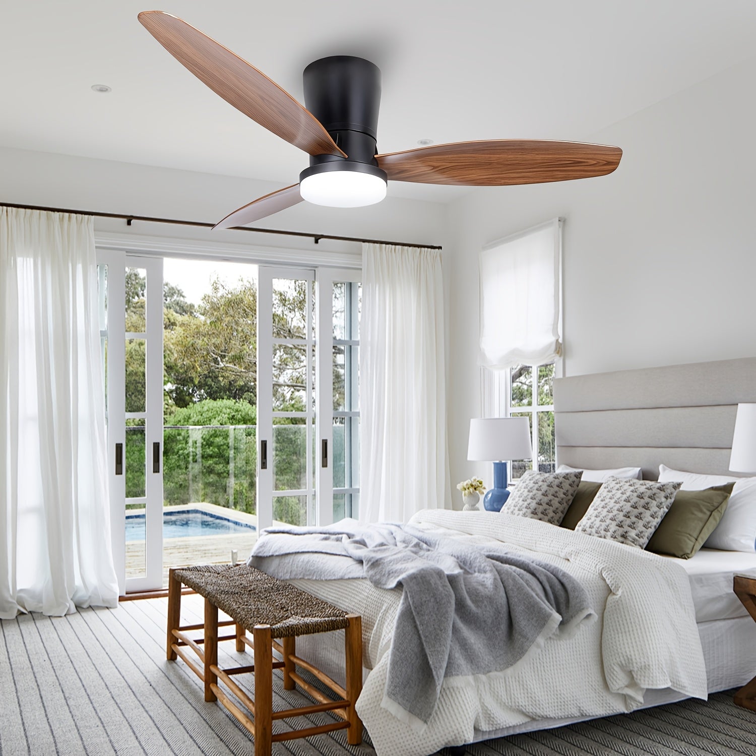 42 Inch Ceiling Fans with Lights, Low Profile Ceiling Fan with Light And Remote, Flush Mount, Dimmable LED, Reversible DC Motor - Modern Black for Bedroom, Indoor\u002FOutdoor Use