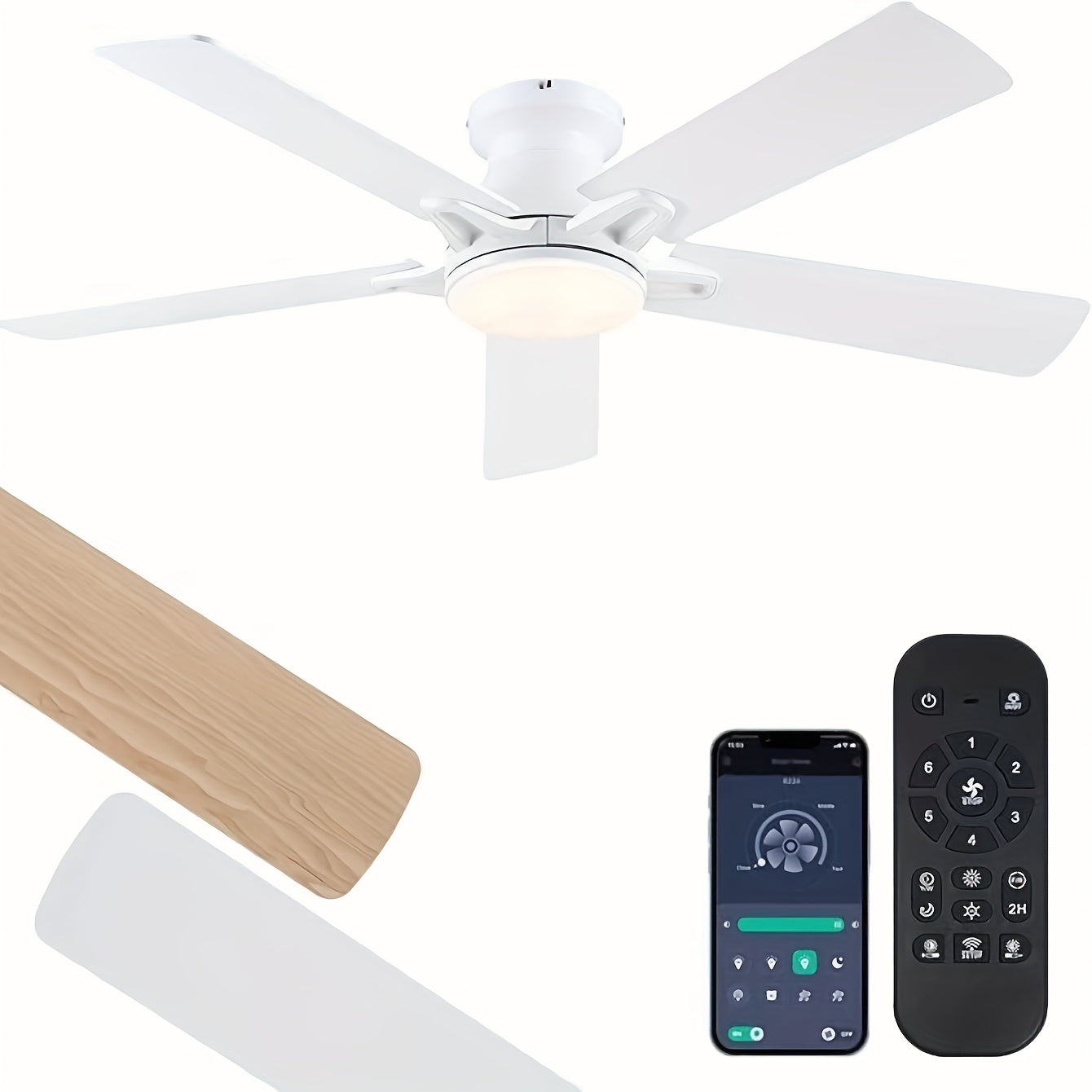 Illuminated Ceiling Fan, 52-Inch Slim Design Lighted Ceiling Fan, Flush-Mounted, Reversible, Adjustable Brightness, Quiet Operation, Black\u002FWhite Ceiling Fan Suitable for Bedroom, Indoor\u002FOutdoor Use