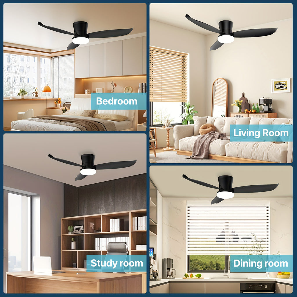 42 Inch Ceiling Fans with Lights, Low Profile Ceiling Fan with Light And Remote, Flush Mount, Dimmable LED, Reversible DC Motor - Modern Black for Bedroom, Indoor\u002FOutdoor Use