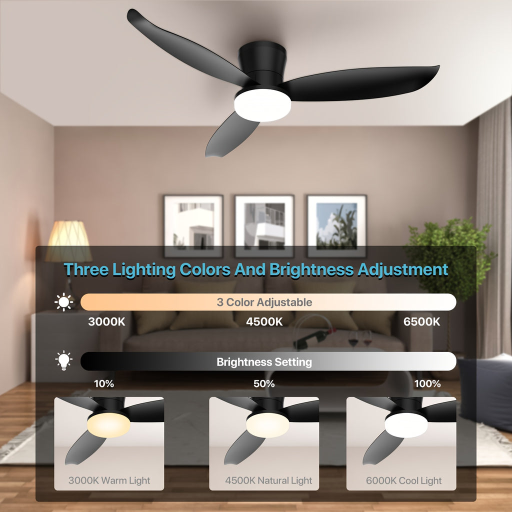 42 Inch Ceiling Fans with Lights, Low Profile Ceiling Fan with Light And Remote, Flush Mount, Dimmable LED, Reversible DC Motor - Modern Black for Bedroom, Indoor\u002FOutdoor Use