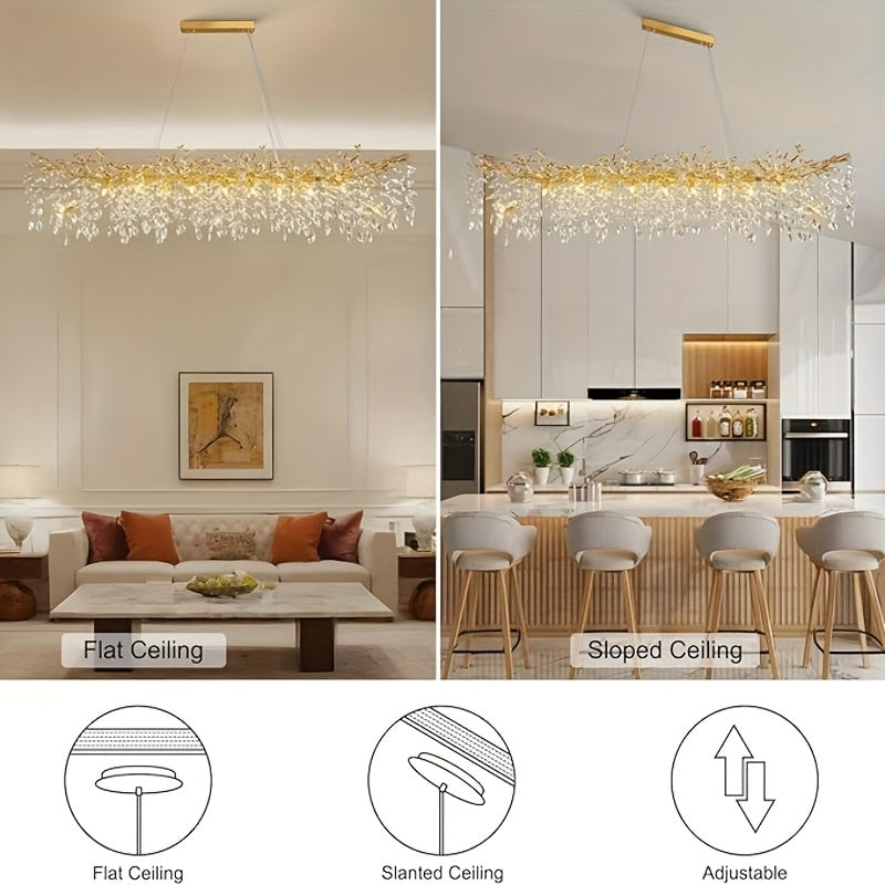 70 Inch Crystal Chandelier, 47\u002F60\u002F70 Inch Silvery Golden Branch Chandelier, Rectangular Raindrop Chandelier, Suitable for Restaurant, Living Room, Kitchen Island, Bedroom, Lobby, 14\u002F16\u002F20 Luxury Chandelier Lights Home Decor