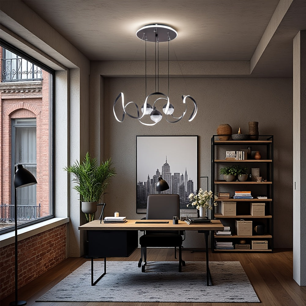 Wave-Shaped LED Pendant Light. Three Light Colors Are Adjustable, Height Is Adjustable. Suitable for Above The Dining Room, Bedroom, Study, And Living Room
