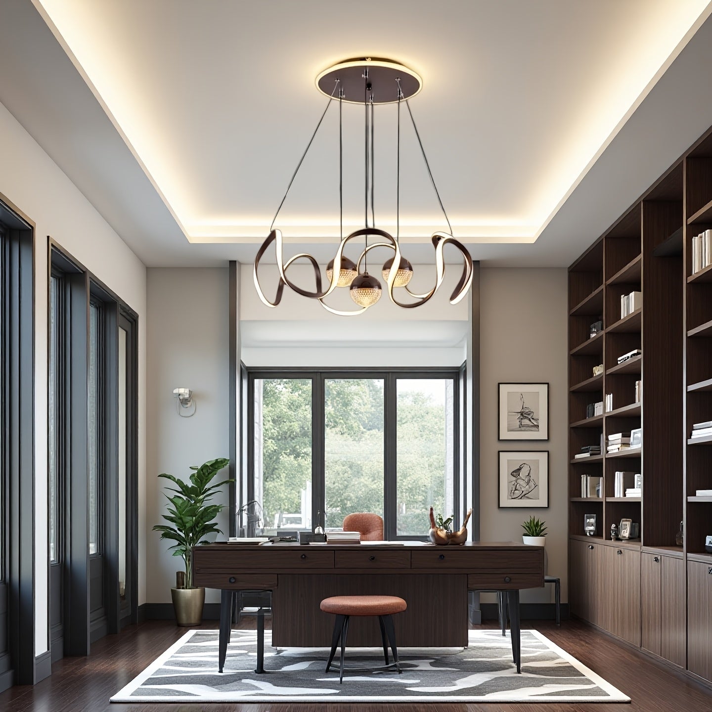 Wave-Shaped LED Pendant Light. Three Light Colors Are Adjustable, Height Is Adjustable. Suitable for Above The Dining Room, Bedroom, Study, And Living Room