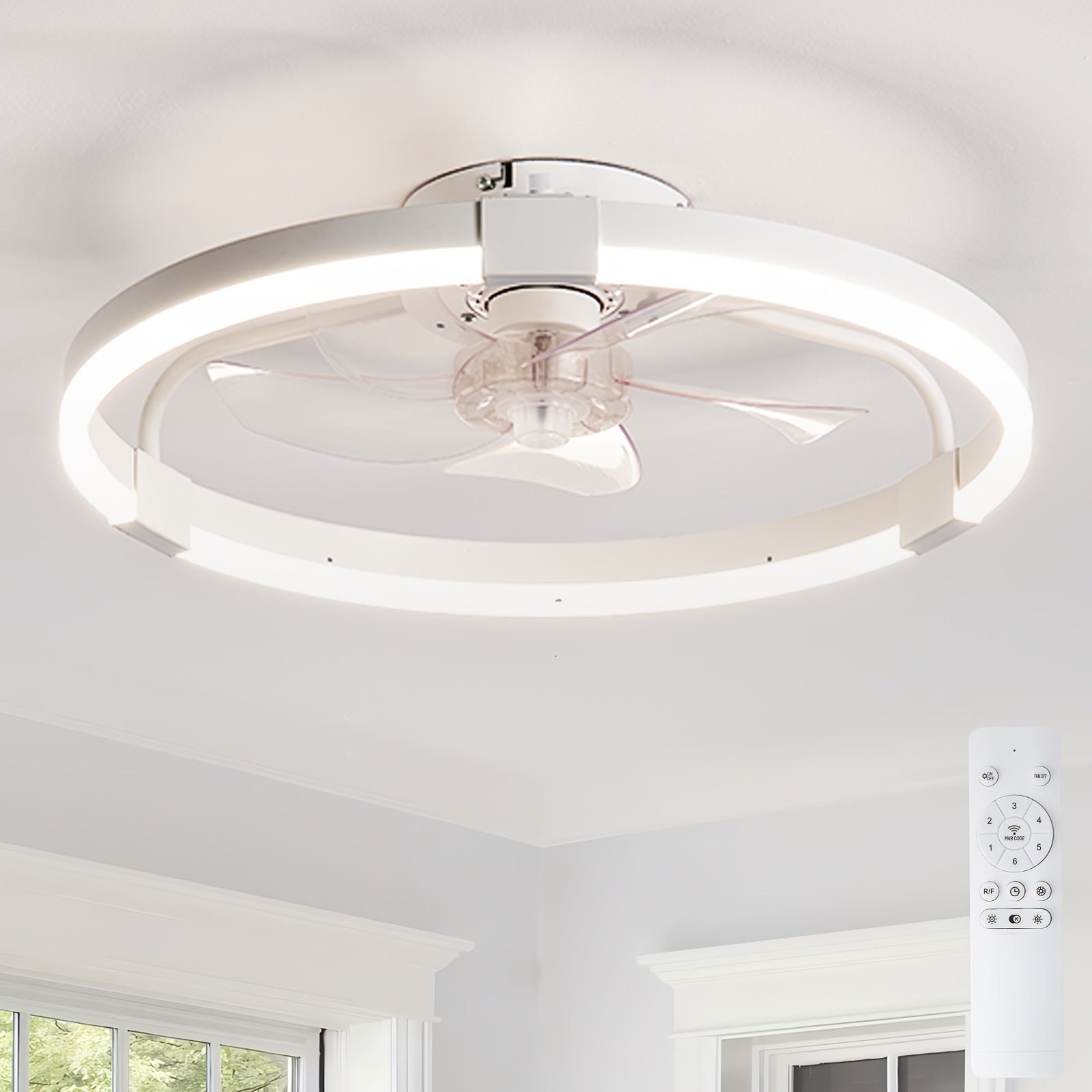 Modern Ceiling Fan with Light for Living Room, Dimmable LED Flush Mount Ceiling Fans Light, 6 Speeds Reversible Low Profle Ceiing Fans, Timing Quiet Ceiling Fans for Bedroom, Kitchen, Office