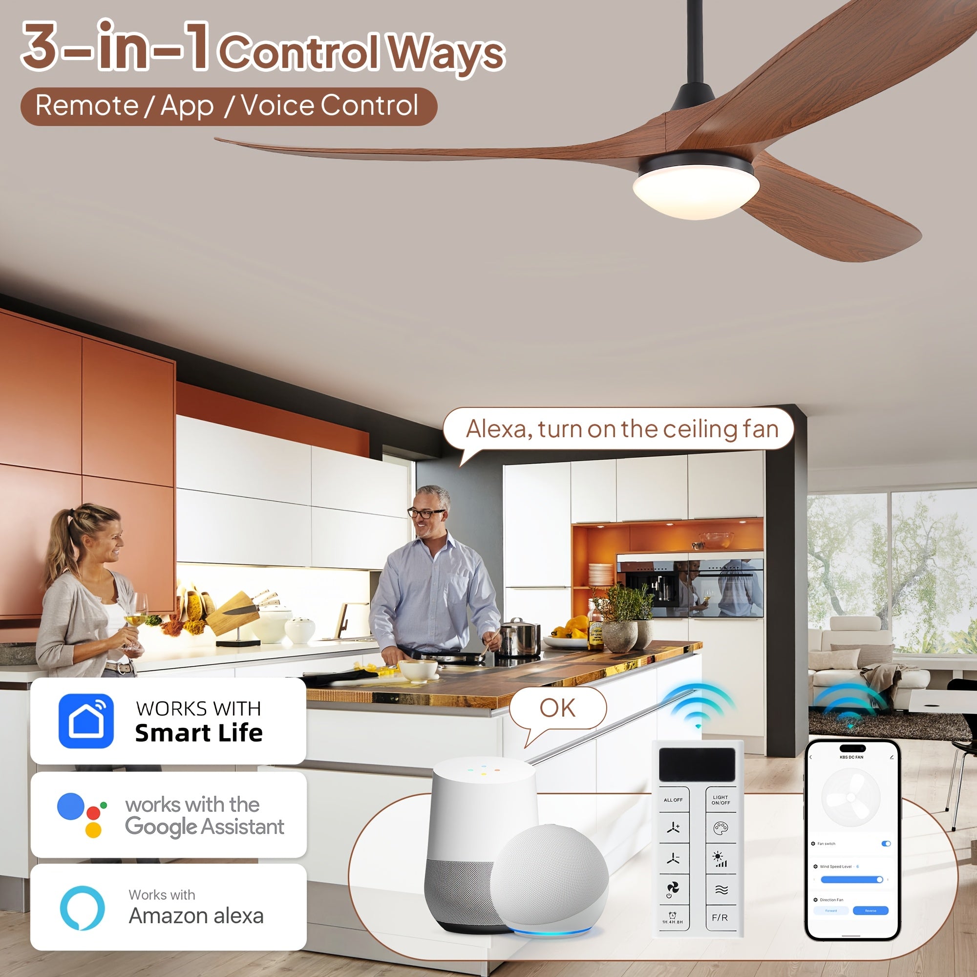 Sofucor Large 60-Inch Smart Ceiling Fan, with 3 ABS Blades, Ceiling Fan with 18W LED Light, Tri-color Dimmable Light Strip with Memory Function, High-Volume Smart Integrated Ceiling Fan, Ceiling Fan for Home, Kitchen, Living Room, Bedroom