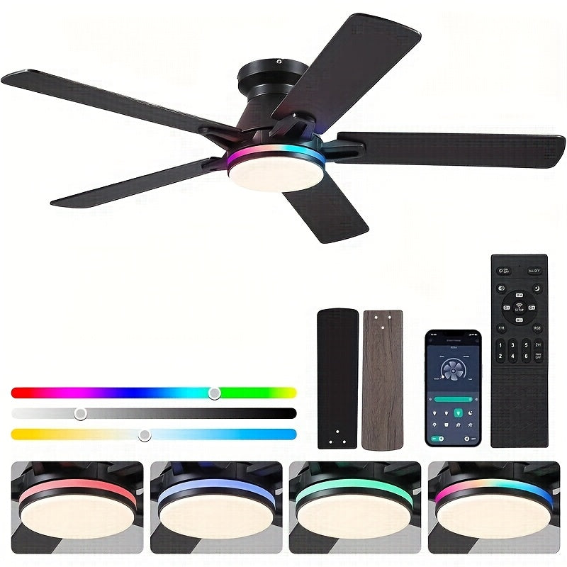 Illuminated Ceiling Fan, 52-Inch Slim Design Lighted Ceiling Fan, Flush-Mounted, Reversible, Adjustable Brightness, Quiet Operation, Black\u002FWhite Ceiling Fan Suitable for Bedroom, Indoor\u002FOutdoor Use