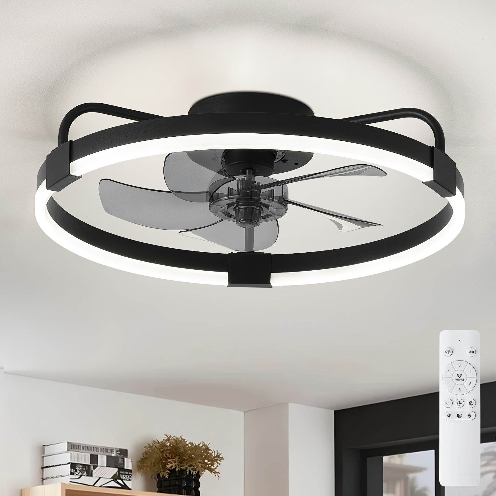 Modern Ceiling Fan with Light for Living Room, Dimmable LED Flush Mount Ceiling Fans Light, 6 Speeds Reversible Low Profle Ceiing Fans, Timing Quiet Ceiling Fans for Bedroom, Kitchen, Office