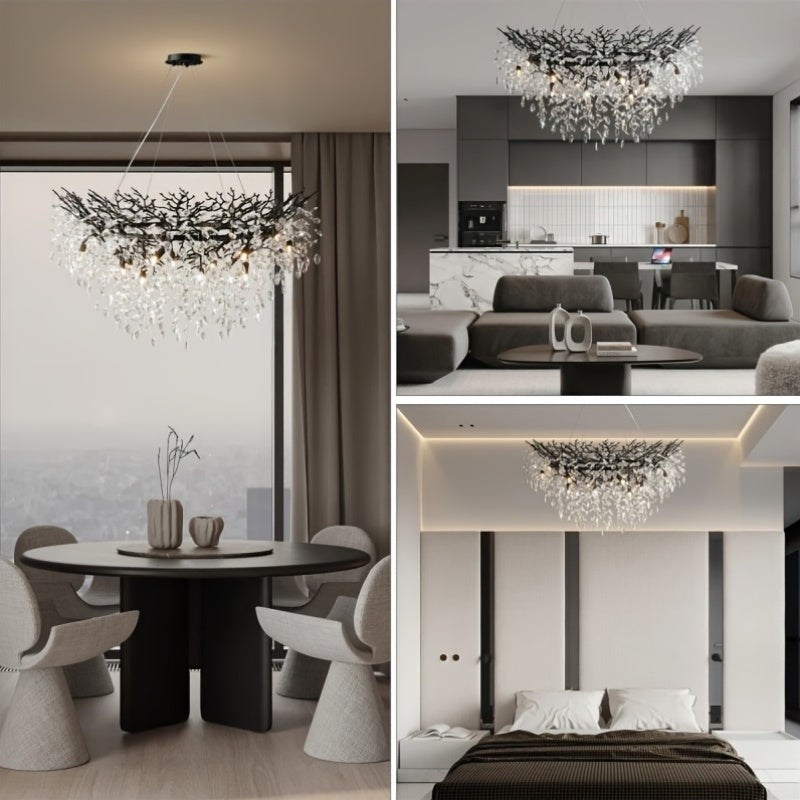 Pendant Light Made of Golden, Silver, And Black Crystals, Suitable for Hanging. It Is Adjustable And Features K9 Crystals, Perfect for Decorating Bedrooms, Living Rooms, And Studies