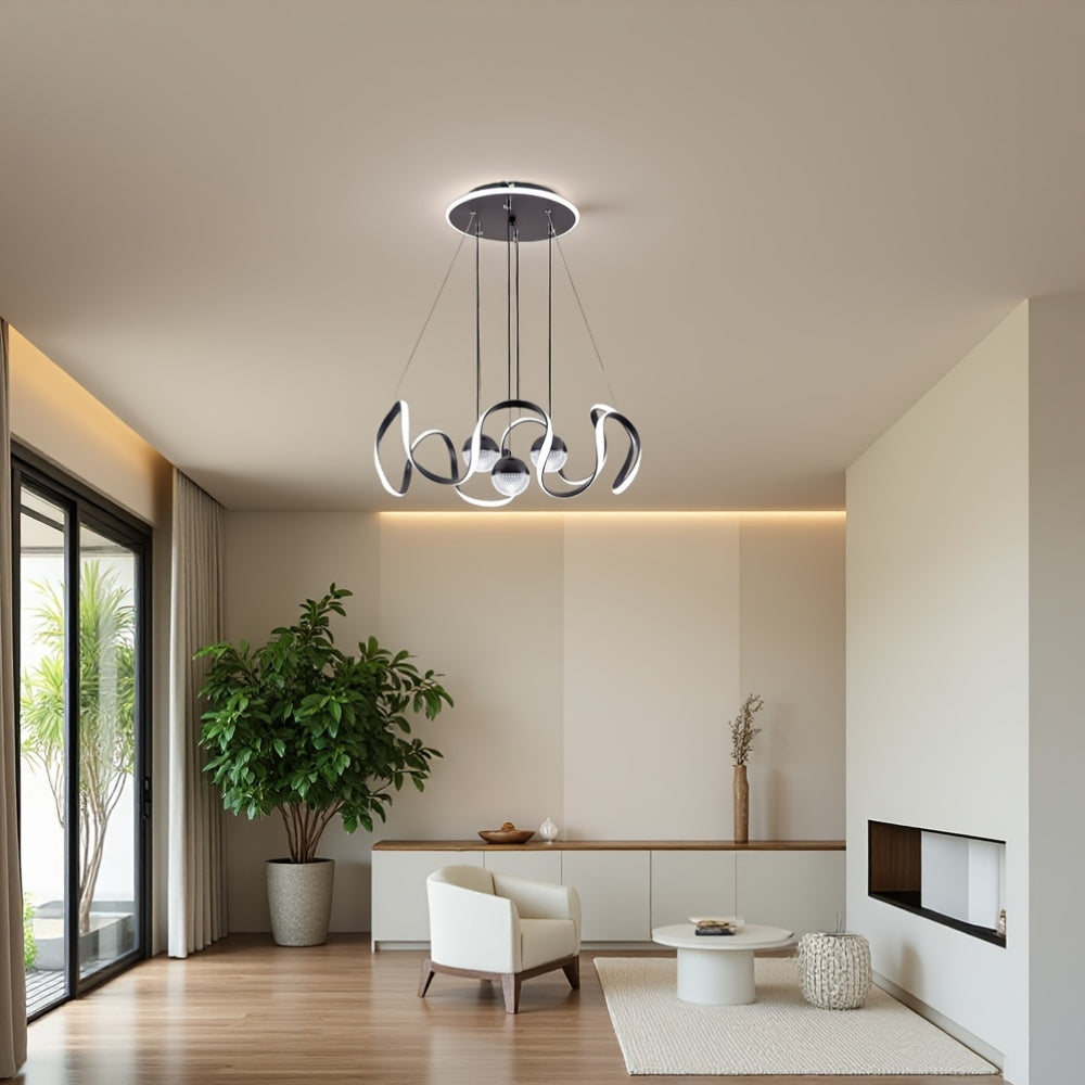 Wave-Shaped LED Pendant Light. Three Light Colors Are Adjustable, Height Is Adjustable. Suitable for Above The Dining Room, Bedroom, Study, And Living Room